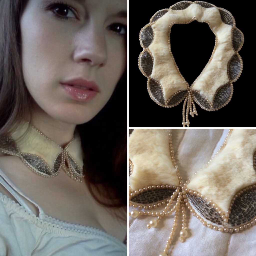 Vintage Real Fur Collar Necklace Hand Beaded Faux Pearl Tassel